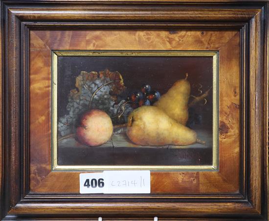 Josef Szaba, oil on panel, Still life of fruit, signed, 12 x 17cm
